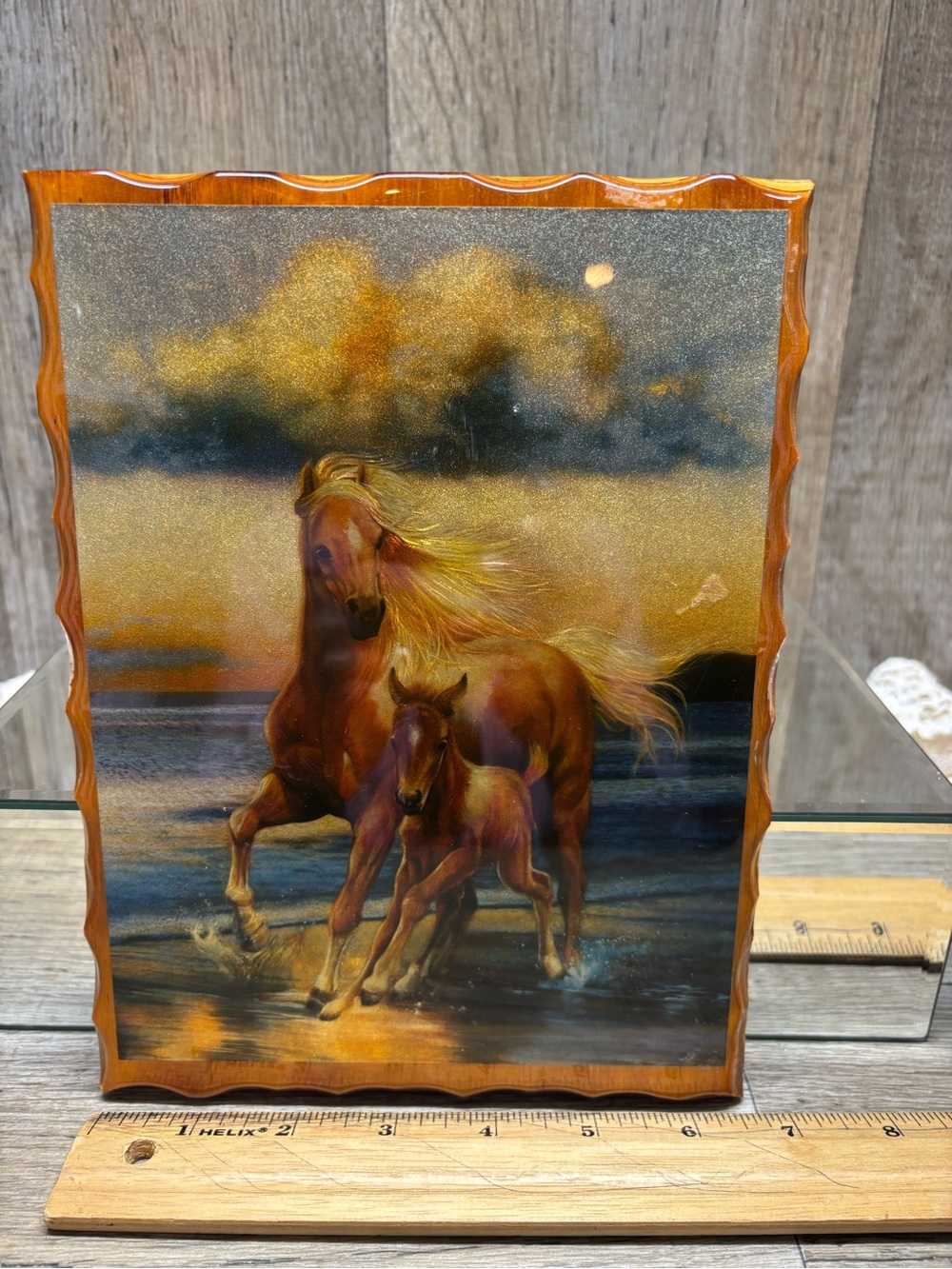 VTG John Rowe Misty Art Foil Lacquered Wood Palomino Mare Foal 9”x6.5”